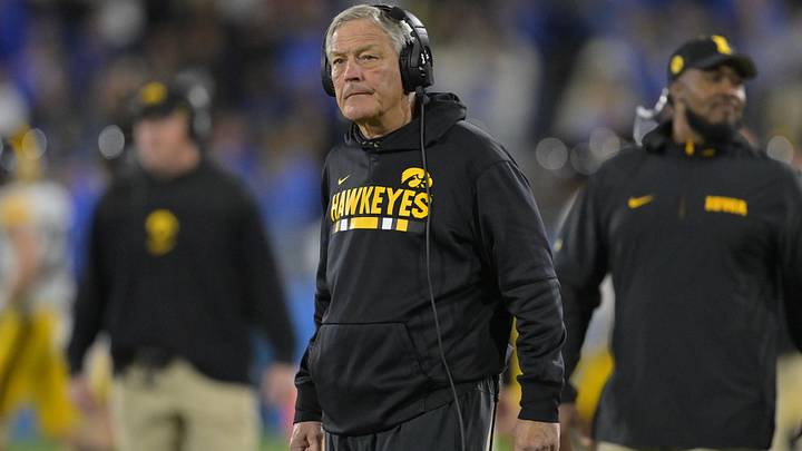 Nov 8, 2024; Pasadena, California, USA;  Iowa Hawkeyes head coach Kirk Ferentz on the sidelines during the second half against the UCLA Bruins at the Rose Bowl. Mandatory Credit: Jayne Kamin-Oncea-Imagn Images