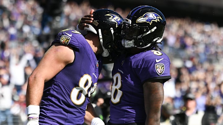 Oct 22, 2023; Baltimore, Maryland, USA; Baltimore Ravens tight end Mark Andrews (89) celebrates with quarterback Lamar Jackson (8) after socking a touchdown  against the Detroit Lions  at M&T Bank Stadium. Mandatory Credit: Tommy Gilligan-Imagn Images