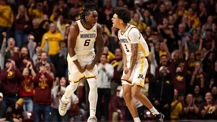 Jan 9, 2026; Minneapolis, Minnesota, USA; Minnesota Golden Gophers guard Langston Reynolds (6) and guard Kai Shinholster (9) celebrate during the second half at Williams Arena.