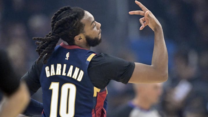 Nov 5, 2025; Cleveland, Ohio, USA; Cleveland Cavaliers guard Darius Garland (10) celebrates his three-point basket in the first quarter against the Philadelphia 76ers at Rocket Arena. Mandatory Credit: David Richard-Imagn Images
