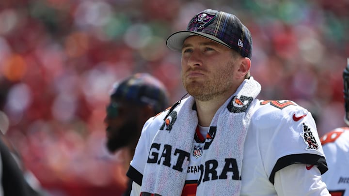 Sep 29, 2024; Tampa, Florida, USA; Tampa Bay Buccaneers quarterback Kyle Trask (2) against the Philadelphia Eagles during the first half at Raymond James Stadium. Mandatory Credit: Kim Klement Neitzel-Imagn Images