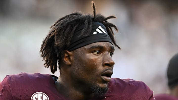 Sep 21, 2024; College Station, Texas, USA; Texas A&M Aggies running back Le'Veon Moss (8) looks on prior to the game against the Bowling Green Falcons at Kyle Field. Mandatory Credit: Maria Lysaker-Imagn Images. 