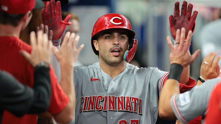 Apr 9, 2026; Miami, Florida, USA; Cincinnati Reds first baseman Sal Stewart (27) celebrates with teammates after hitting a home run against the Miami Marlins during the fifth inning at loanDepot Park. Mandatory Credit: Sam Navarro-Imagn Images