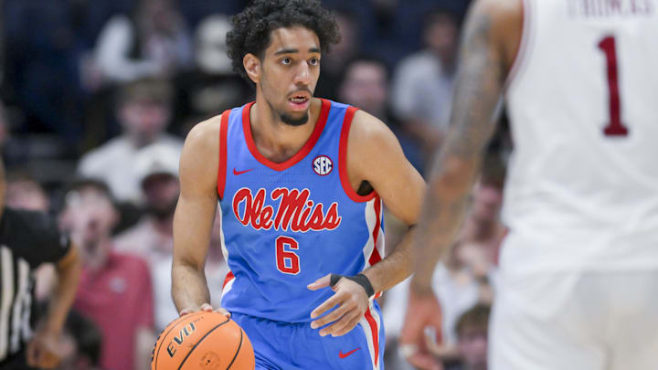 Mar 14, 2026; Nashville, TN, USA; Mississippi Rebels guard Ilias Kamardine (6) brings the ball up court against the Arkansas Razorbacks during the second half at Bridgestone Arena. Mandatory Credit: Steve Roberts-Imagn Images Mar 14, 2026; Nashville, TN, USA; Mississippi Rebels guard Ilias Kamardine (6) brings the ball up court against the Arkansas Razorbacks during the second half at Bridgestone Arena. Mandatory Credit: Steve Roberts-Imagn Images