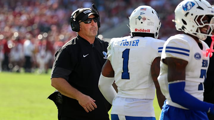 Eastern Illinois Panthers head coach Chris Wilkerson huddles during a time out during the first half against the Alabama Crimson Tide at Saban Field at Bryant-Denny Stadium. 