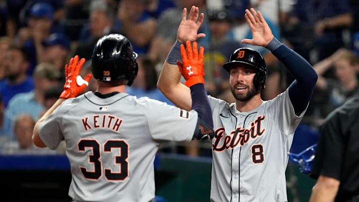 Detroit Tigers players Colt Keith and Matt Vierling celebrate after Keith's two-run home run in a game against the Kansas City Royals