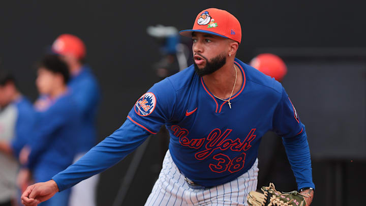 Feb 17, 2026; Port St. Lucie, FL, USA; New York Mets pitcher Devin Williams (38) works in the bullpen during spring training at Clover Park. Mandatory Credit: Sam Navarro-Imagn Images