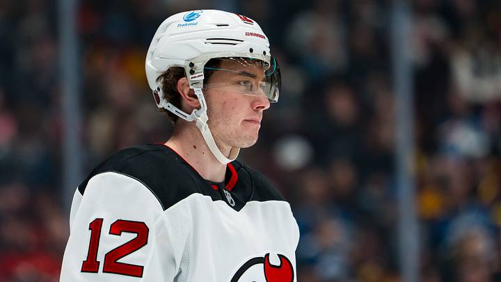 New Jersey Devils forward Cody Glass (12) during a stop in play against the Vancouver Canucks in the second period at Rogers Arena. Mandatory Credit: Bob Frid-Imagn Images New Jersey Devils forward Cody Glass (12) during a stop in play against the Vancouver Canucks in the second period at Rogers Arena. Mandatory Credit: Bob Frid-Imagn Images