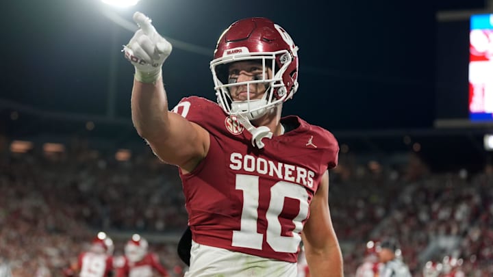 Oklahoma Sooners tight end Bauer Sharp (10) celebrates during a college football game between the University of Oklahoma Sooners (OU) and the Alabama Crimson Tide at Gaylord Family - Oklahoma Memorial Stadium in Norman, Okla., Saturday, Nov. 23, 2024. Oklahoma won 24-3. Oklahoma Sooners tight end Bauer Sharp (10) celebrates during a college football game between the University of Oklahoma Sooners (OU) and the Alabama Crimson Tide at Gaylord Family - Oklahoma Memorial Stadium in Norman, Okla., Saturday, Nov. 23, 2024. Oklahoma won 24-3.