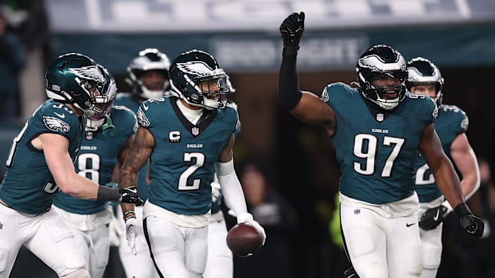Jan 12, 2025; Philadelphia, Pennsylvania, USA; Philadelphia Eagles cornerback Darius Slay Jr. (2) reacts after an interception against the Green Bay Packers during the first half in an NFC wild card game at Lincoln Financial Field. Mandatory Credit: Bill Streicher-Imagn Images