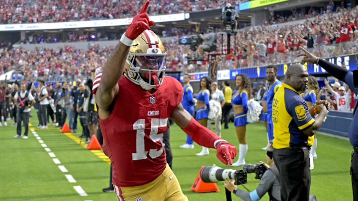 Sep 22, 2024; Inglewood, California, USA;  San Francisco 49ers wide receiver Jauan Jennings (15) celebrates after a touchdown in the second half against the Los Angeles Rams at SoFi Stadium. Mandatory Credit: Jayne Kamin-Oncea-Imagn Images