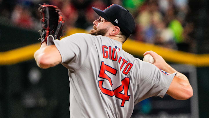 Sep 6, 2025; Phoenix, Arizona, USA; Boston Red Sox pitcher Lucas Giolito (54) pitches during the third inning between the Arizona Diamondbacks and the Boston Red Sox at Chase Field. Mandatory Credit: Arianna Grainey-Imagn Images