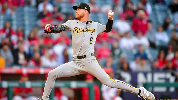 Apr 22, 2025; Anaheim, California, USA; Pittsburgh Pirates pitcher Bailey Falter (6) throws against the Los Angeles Angels during the first inning at Angel Stadium. Mandatory Credit: Gary A. Vasquez-Imagn Images