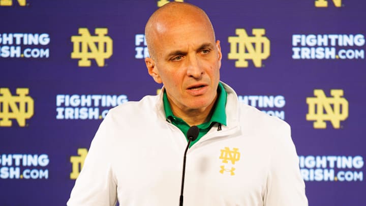 Notre Dame Athletic Director Pete Bevacqua speaks with media at Notre Dame Stadium on Monday, Dec. 17, 2024, in South Bend.