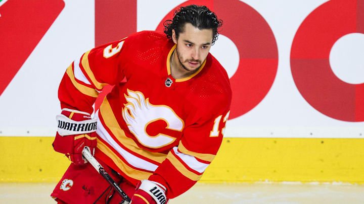 May 26, 2022; Calgary, Alberta, CAN; Calgary Flames left wing Johnny Gaudreau (13) skates during the warmup period against the Edmonton Oilers in game five of the second round of the 2022 Stanley Cup Playoffs at Scotiabank Saddledome. Mandatory Credit: Sergei Belski-Imagn Images