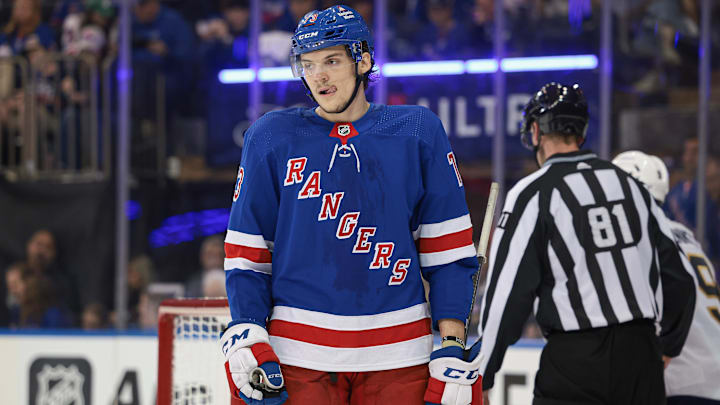 May 24, 2024; New York, New York, USA; New York Rangers center Matt Rempe (73) reacts after a play during the third period in game two of the Eastern Conference Final of the 2024 Stanley Cup Playoffs against the Florida Panthers at Madison Square Garden. Mandatory Credit: Vincent Carchietta-USA TODAY Sports