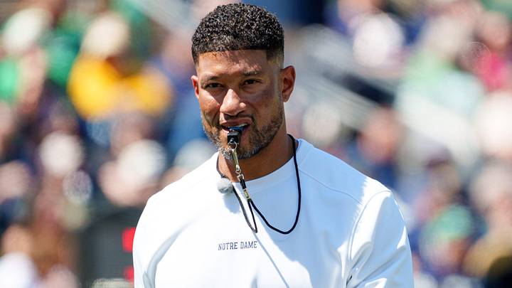 Notre Dame head coach Marcus Freeman during the Blue-Gold spring game at Notre Dame Stadium on Saturday, April 25, 2026, in South Bend. Notre Dame head coach Marcus Freeman during the Blue-Gold spring game at Notre Dame Stadium on Saturday, April 25, 2026, in South Bend.