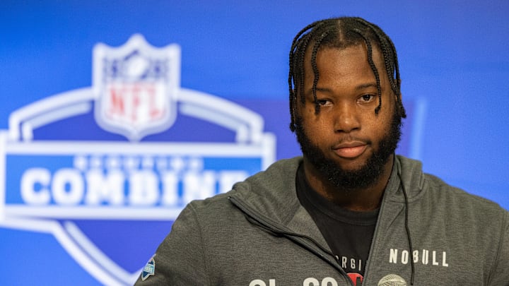 Mar 2, 2024; Indianapolis, IN, USA; Georgia offensive lineman Sedrick Van Pran-Granger (OL69) talks to the media during the 2024 NFL Combine at Lucas Oil Stadium. Mandatory Credit: Trevor Ruszkowski-USA TODAY Sports Mar 2, 2024; Indianapolis, IN, USA; Georgia offensive lineman Sedrick Van Pran-Granger (OL69) talks to the media during the 2024 NFL Combine at Lucas Oil Stadium. Mandatory Credit: Trevor Ruszkowski-USA TODAY Sports