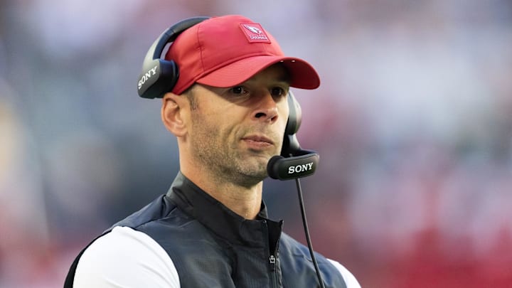 Dec 21, 2025; Glendale, Arizona, USA;  Arizona Cardinals head coach Jonathan Gannon against the Atlanta Falcons at State Farm Stadium. Mandatory Credit: Mark J. Rebilas-Imagn Images