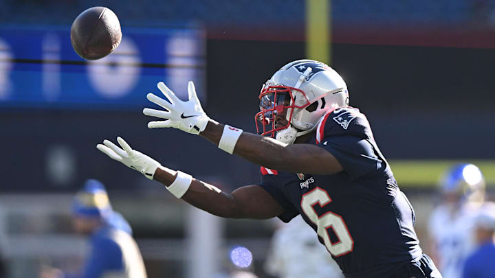 Nov 17, 2024; Foxborough, Massachusetts, USA; New England Patriots wide receiver Javon Baker (6) makes a catch before a game against the Los Angeles Rams at Gillette Stadium. Mandatory Credit: Brian Fluharty-Imagn Images