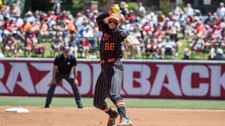 May 17, 2025; Fayetteville, AR, USA;  Oklahoma State Cowgirls starting pitcher Ruby Meylan (66) throws a pitch during the first inning. Mandatory Credit: Brett Rojo-Imagn Images