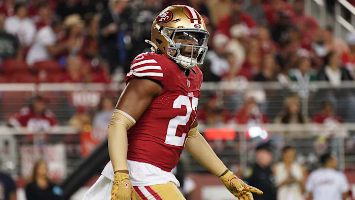 Sep 9, 2024; Santa Clara, California, USA; San Francisco 49ers safety Ji'Ayir Brown (27) waits for the New York Jets to snap the ball in the fourth quarter at Levi's Stadium. Mandatory Credit: David Gonzales-Imagn Images