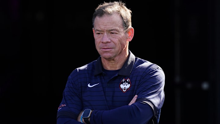 Nov 1, 2025; East Hartford, Connecticut, USA;  UConn Huskies head coach Jim Mora before the start of the game against the UAB Blazers at Pratt & Whitney Stadium at Rentschler Field. Mandatory Credit: David Butler II-Imagn Images