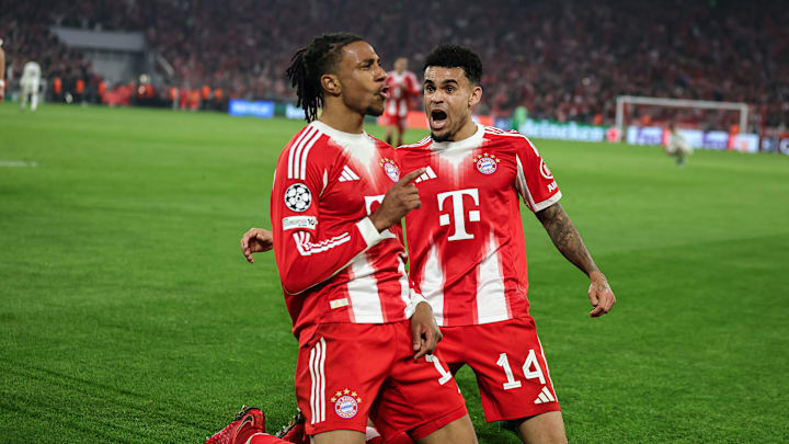 Bayern Munich stars Luis Diaz and Michael Olise celebrating fourth goal in 4-3 win against Real Madrid. Bayern Munich stars Luis Diaz and Michael Olise celebrating fourth goal in 4-3 win against Real Madrid.