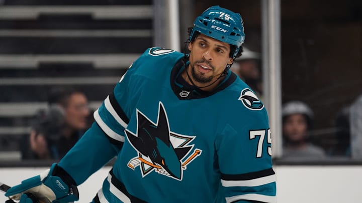 Nov 23, 2025; San Jose, California, USA; San Jose Sharks right wing Ryan Reaves (75) waits for play to resume against the Boston Bruins in the second period at SAP Center in San Jose. Mandatory Credit: David Gonzales-Imagn Images Nov 23, 2025; San Jose, California, USA; San Jose Sharks right wing Ryan Reaves (75) waits for play to resume against the Boston Bruins in the second period at SAP Center in San Jose. Mandatory Credit: David Gonzales-Imagn Images