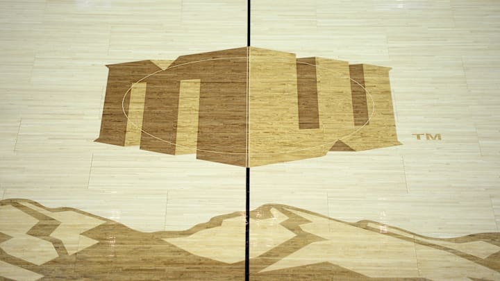 A detailed view of the midcourt logo during the first half of a Mountain West Conference tournament game between the UNLV Rebels and Boise State Broncos at Thomas Mack Center. Mandatory Credit: Orlando Ramirez-Imagn Images