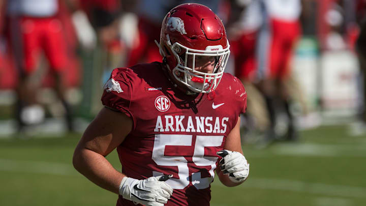 Sep 26, 2020; Fayetteville, Arkansas, USA; Arkansas Razorbacks offensive lineman Beaux Limmer (55)