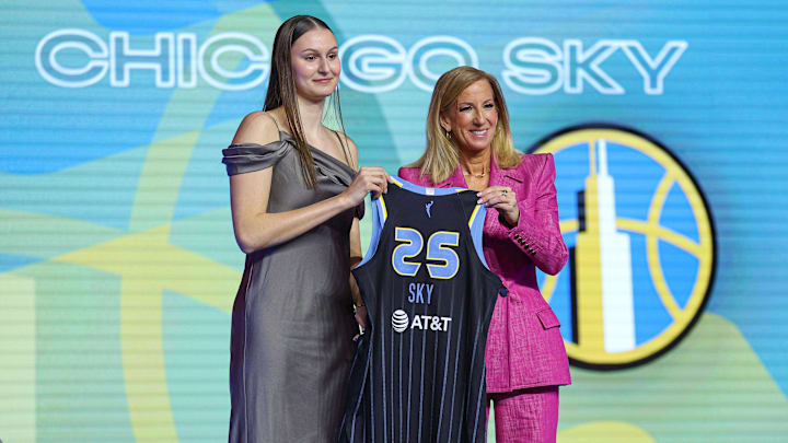 Apr 14, 2025; New York, New York, USA; Ajsa Sivka poses with WNBA commissioner Cathy Engelbert after being selected with the number ten overall pick to the Chicago Sky in the 2025 WNBA Draft at The Shed at Hudson Yards. Mandatory Credit: Vincent Carchietta-Imagn Images