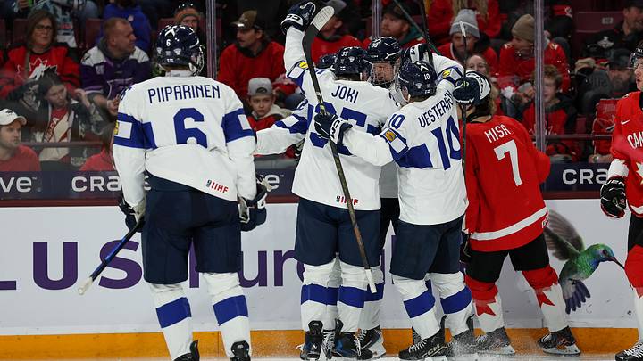 Dec 31, 2025; Minneapolis, Minnesota, UNITED STATES; Finland forward Oliver Suvanto (38) celebrates his goal against Canada during the first period in group play during the 2026 IIHF World Junior Championship at 3M Arena. Mandatory Credit: Matt Krohn-Imagn Images