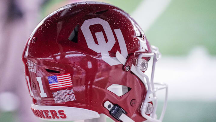 A general view of an Oklahoma Sooners helmet against the Kansas Jayhawks during the first half at David Booth Kansas Memorial Stadium. 