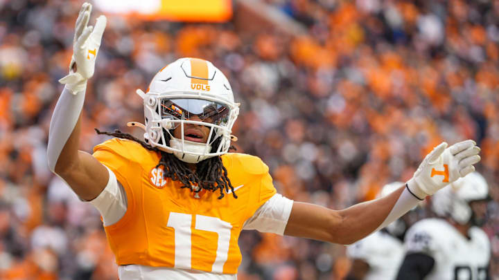 Tennessee wide receiver Chris Brazzell II (17) blows a kiss to the crowd after scoring a touchdown during a NCAA football game between Tennessee and Vanderbilt at Neyland Stadium in Knoxville, Tenn., on Nov. 29, 2025.