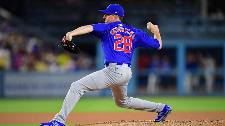 Sep 9, 2024; Los Angeles, California, USA; Chicago Cubs pitcher Kyle Hendricks (28) throws against the Los Angeles Dodgers during the third inning at Dodger Stadium.