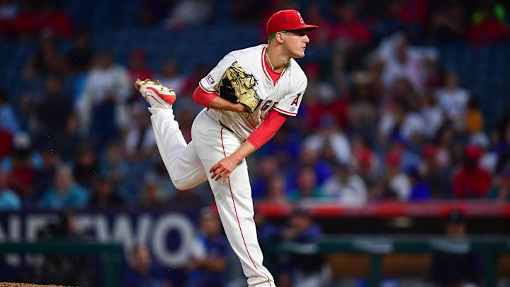 Aug 30, 2024; Anaheim, California, USA; Los Angeles Angels pitcher Samuel Aldegheri (66) throws against the Seattle Mariners during the fourth inning in his major league debut at Angel Stadium. Mandatory Credit: Gary A. Vasquez-Imagn Images