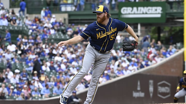 Aug 30, 2023; Chicago, Illinois, USA;  Milwaukee Brewers starting pitcher Brandon Woodruff (53) delivers a pitch against the Chicago Cubs during the first inning at Wrigley Field. Mandatory Credit: Matt Marton-Imagn Images