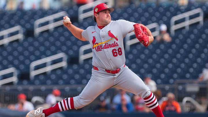 Feb 22, 2026; West Palm Beach, Florida, USA; St. Louis Cardinals relief pitcher Max Rajcic (68) delivers a pitch against the Houston Astros during the fourth inning at CACTI Park of the Palm Beaches. Mandatory Credit: Sam Navarro-Imagn Images Feb 22, 2026; West Palm Beach, Florida, USA; St. Louis Cardinals relief pitcher Max Rajcic (68) delivers a pitch against the Houston Astros during the fourth inning at CACTI Park of the Palm Beaches. Mandatory Credit: Sam Navarro-Imagn Images