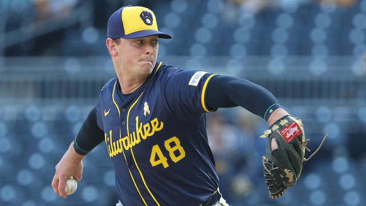 Sep 7, 2025; Pittsburgh, Pennsylvania, USA;  Milwaukee Brewers relief pitcher Craig Yoho (48) pitches against the Pittsburgh Pirates during the ninth inning at PNC Park. Mandatory Credit: Charles LeClaire-Imagn Images