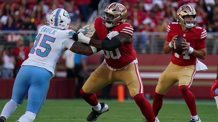 Aug 13, 2026; Santa Clara, California, USA; San Francisco 49ers offensive tackle Brandon Parker (60) blocks Tennessee Titans defensive end Keldric Faulk (15) in the first quarter at Levi's Stadium. Mandatory Credit: David Gonzales-Imagn Images Aug 13, 2026; Santa Clara, California, USA; San Francisco 49ers offensive tackle Brandon Parker (60) blocks Tennessee Titans defensive end Keldric Faulk (15) in the first quarter at Levi's Stadium. Mandatory Credit: David Gonzales-Imagn Images