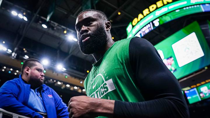 Apr 28, 2026; Boston, Massachusetts, USA; Boston Celtics guard Jaylen Brown (7) comes off the court after warming up before the start of game five of the first round of the 2026 NBA Playoffs against the Philadelphia 76ers at TD Garden. Mandatory Credit: David Butler II-Imagn Images