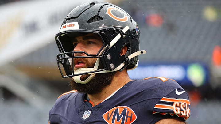 Oct 19, 2025; Chicago, Illinois, USA; Chicago Bears offensive tackle Ryan Bates (71) practices against the New Orleans Saints before the game at Soldier Field. Mandatory Credit: Mike Dino