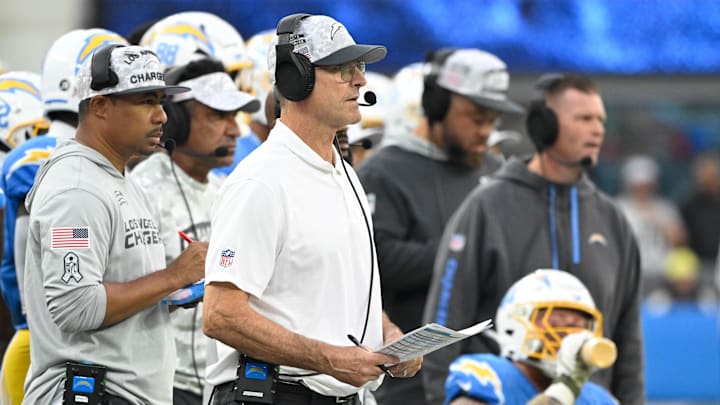 Nov 10, 2024; Inglewood, California, USA; Los Angeles Chargers head coach Jim Harbaugh on the sidelines during the fourth quarter in an NFL game against the Tennessee Titans at SoFi Stadium.