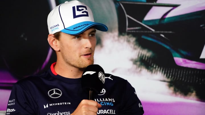 May 2, 2024; Miami Gardens, Florida, USA;  Williams driver Logan Sargeant (2) addresses the media in advance of the Miami Grand Prix at the Miami International Autodrome. Mandatory Credit: John David Mercer-USA TODAY Sports