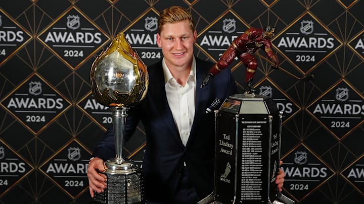 Jun 27, 2024; Las Vegas, Nevada, USA; Nathan MacKinnon was awarded the Hart Trophy and the Ted Lindsay Award during the 2024 NHL Awards at Fontainebleau Las Vegas. Mandatory Credit: Stephen R. Sylvanie-Imagn Images