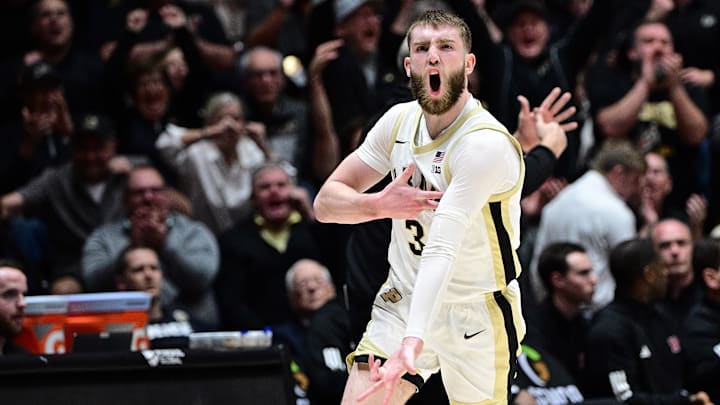 Purdue Boilermakers guard Braden Smith (3) reacts to making  a three pointer