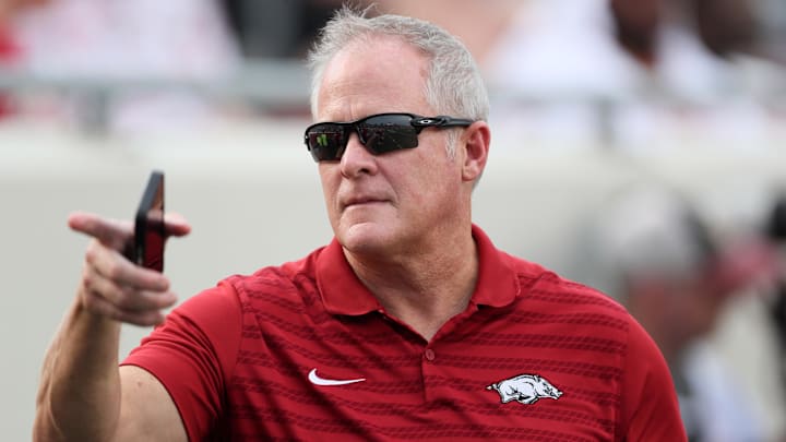 Aug 29, 2024; Little Rock, Arkansas, USA; Arkansas Razorbacks athletic director Hunter Yurachek prior to the game against the Pine Bluff Golden Lions at War Memorial Stadium. Mandatory Credit: Nelson Chenault-Imagn Images