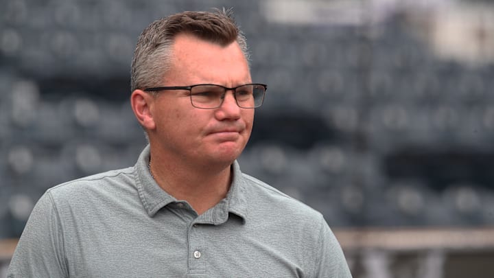 Apr 19, 2025; Pittsburgh, Pennsylvania, USA;  Pittsburgh Pirates general manager Ben Cherington observes batting practice before the game against the Cleveland Guardians   at PNC Park. Mandatory Credit: Charles LeClaire-Imagn Images