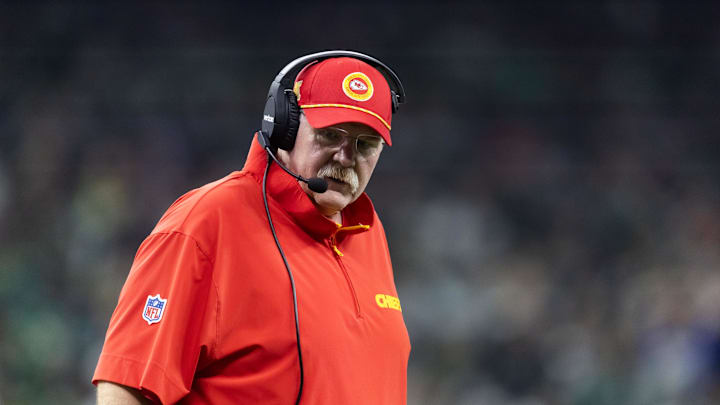 Feb 9, 2025; New Orleans, LA, USA;  Kansas City Chiefs head coach Andy Reid against the Philadelphia Eagles in Super Bowl LIX at Ceasars Superdome. Mandatory Credit: Mark J. Rebilas-Imagn Images